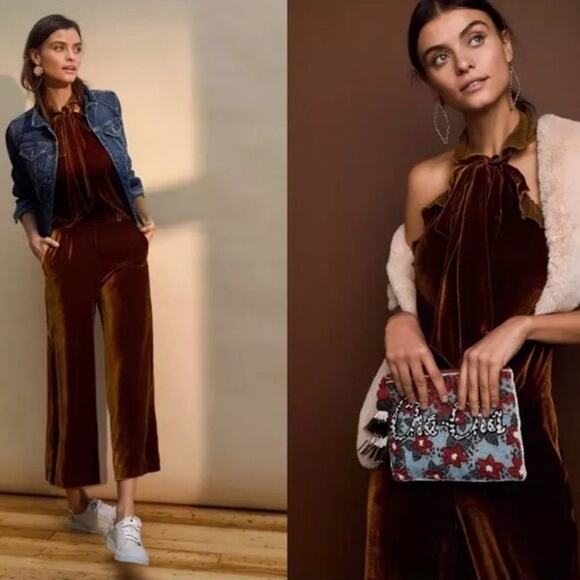 Anthropologie Kristinit Velvet Jumpsuit Rust
Orange Brown Copper Ruffle Halter L - Picture 2 of 12